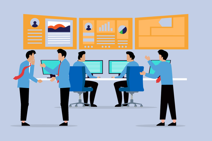 Team of developers working on computers with multiple interface dashboards, illustrating micro-frontend based web application development.