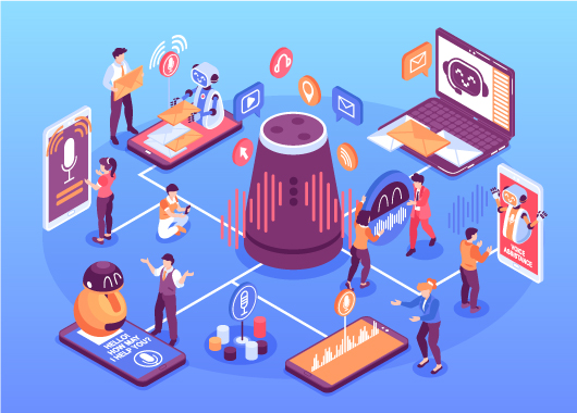 Concept illustration of voice search optimization with smart speakers, AI assistants, smartphones, and users interacting through voice commands.
