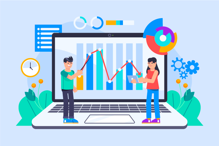 Illustration of two people analyzing charts and graphs on a laptop screen representing data analytics.